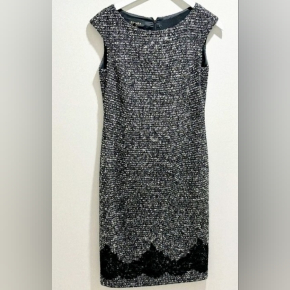ESCADA 10/40 TWEED WOOL COTTON POLY BLEND BOUCLE LACE BLACK WHITE SHEATH DRESS - Picture 7 of 9